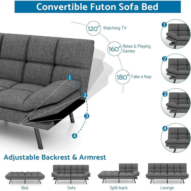 Canapé-lit futon, canapé convertible moderne avec accoudoirs réglables pour studio, bureau, appartement, petit salon