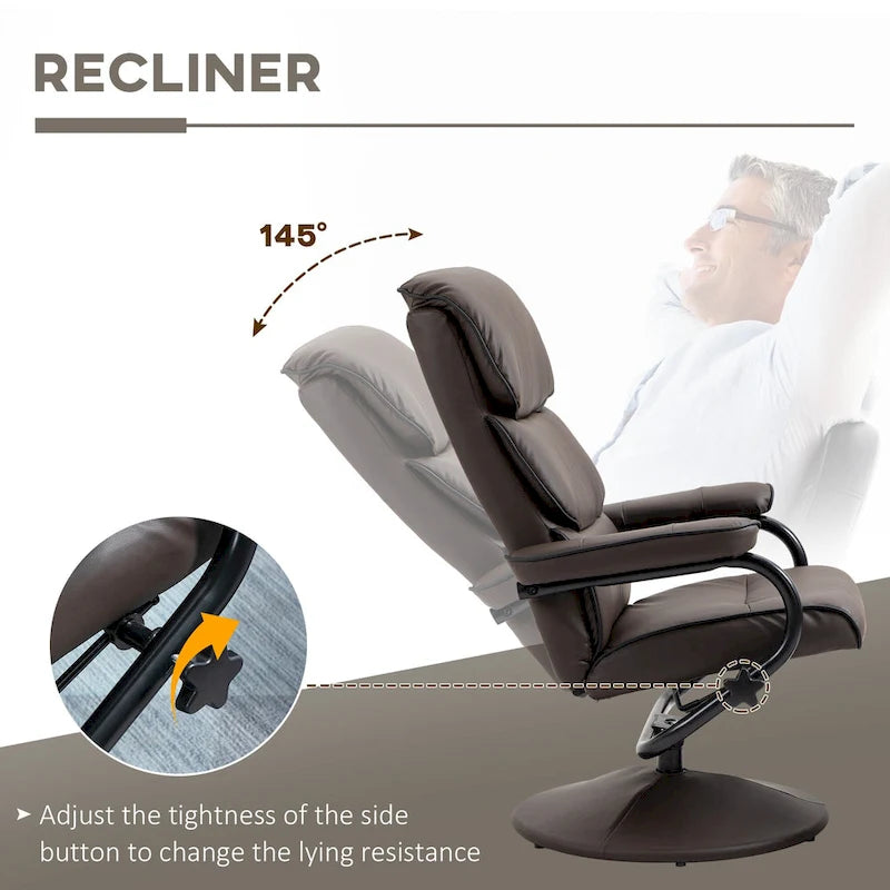 Fauteuil inclinable HOMCOM avec repose-pieds, pivotant, en cuir PU, dossier haut, dossier réglable à 135°.