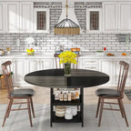Table de salle à manger ronde avec étagères de rangement, 4 pieds en métal, plateau en bois, idéale pour la salle à manger ou le salon, coloris rustique marron et noir.