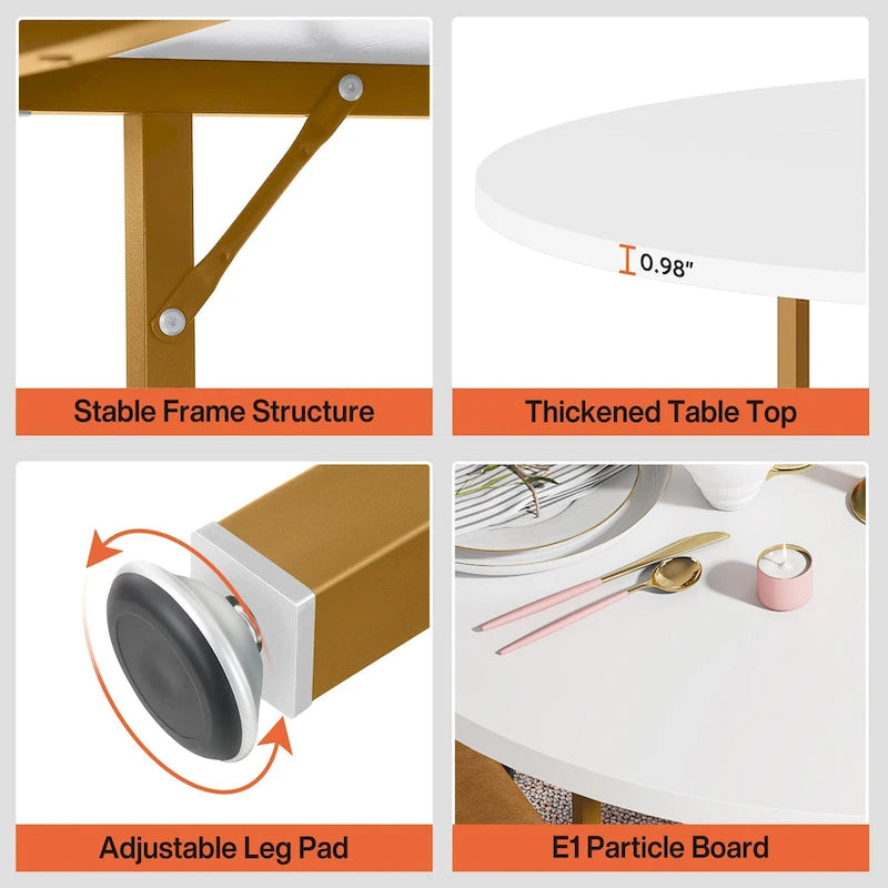 Table de salle à manger ronde avec étagères de rangement, 4 pieds en métal, plateau en bois, idéale pour la salle à manger ou le salon, coloris rustique marron et noir.