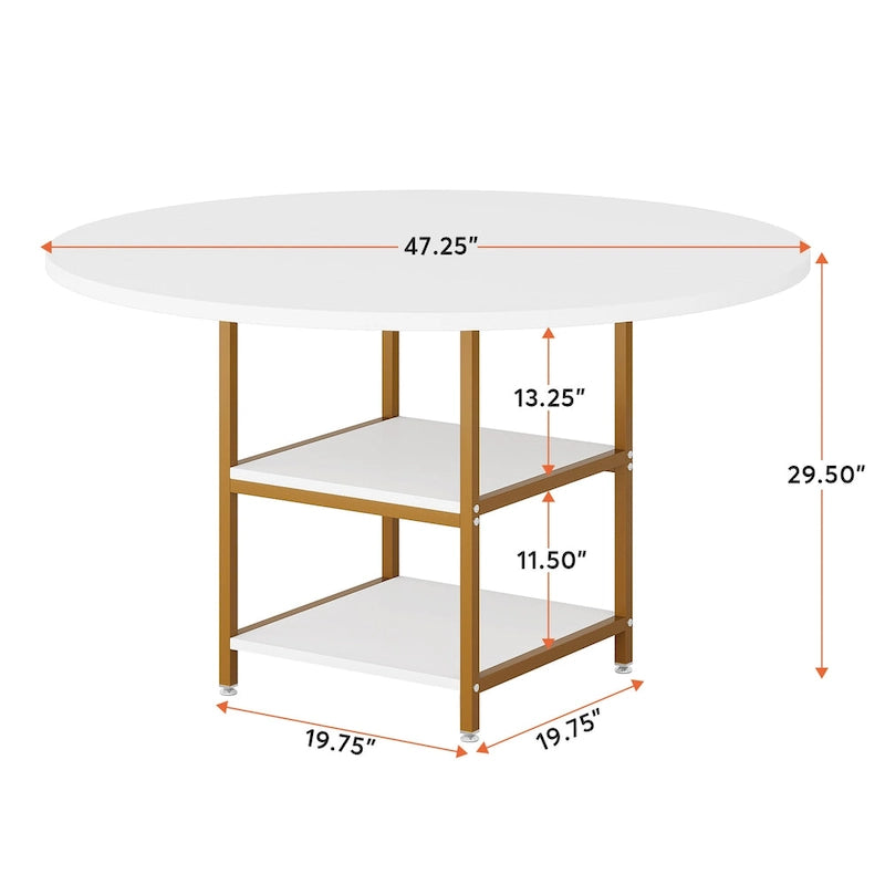 Table de salle à manger ronde avec étagères de rangement, 4 pieds en métal, plateau en bois, idéale pour la salle à manger ou le salon, coloris rustique marron et noir.