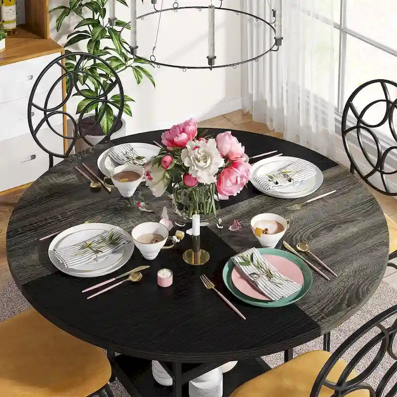 Table de salle à manger ronde avec étagères de rangement, 4 pieds en métal, plateau en bois, idéale pour la salle à manger ou le salon, coloris rustique marron et noir.