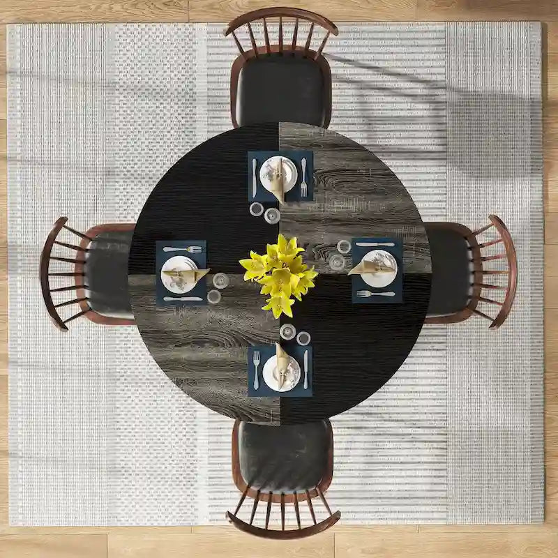 Table de salle à manger ronde avec étagères de rangement, 4 pieds en métal, plateau en bois, idéale pour la salle à manger ou le salon, coloris rustique marron et noir.