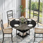 Table de salle à manger ronde avec étagères de rangement, 4 pieds en métal, plateau en bois, idéale pour la salle à manger ou le salon, coloris rustique marron et noir.