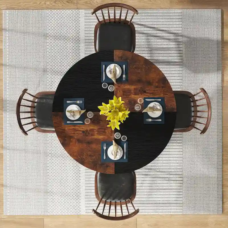 Table de salle à manger ronde avec étagères de rangement, 4 pieds en métal, plateau en bois, idéale pour la salle à manger ou le salon, coloris rustique marron et noir.