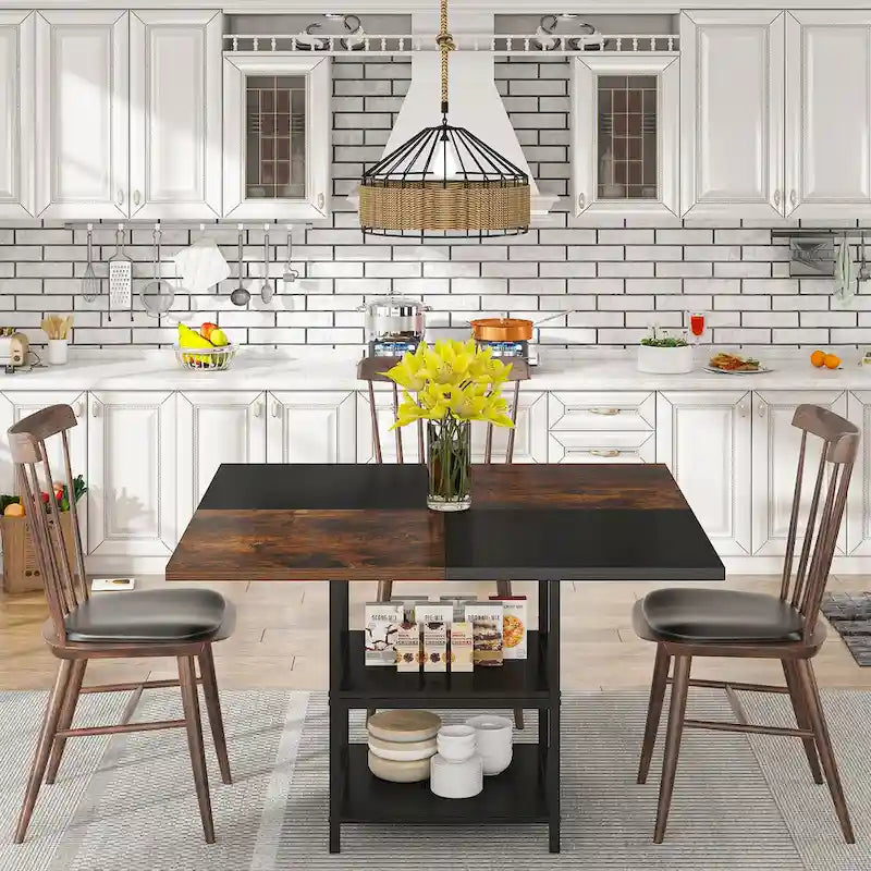 Table de salle à manger ronde avec étagères de rangement, 4 pieds en métal, plateau en bois, idéale pour la salle à manger ou le salon, coloris rustique marron et noir.