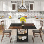 Table de salle à manger ronde avec étagères de rangement, 4 pieds en métal, plateau en bois, idéale pour la salle à manger ou le salon, coloris rustique marron et noir.