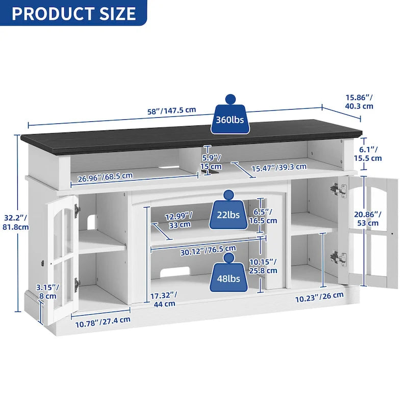 Meuble TV Moasis 58 Highboy, style ferme, pour téléviseurs jusqu'à 65 à 58 pouces.