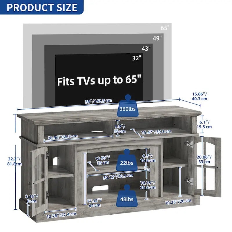 Meuble TV Moasis 58 Highboy, style ferme, pour téléviseurs jusqu'à 65 à 58 pouces.