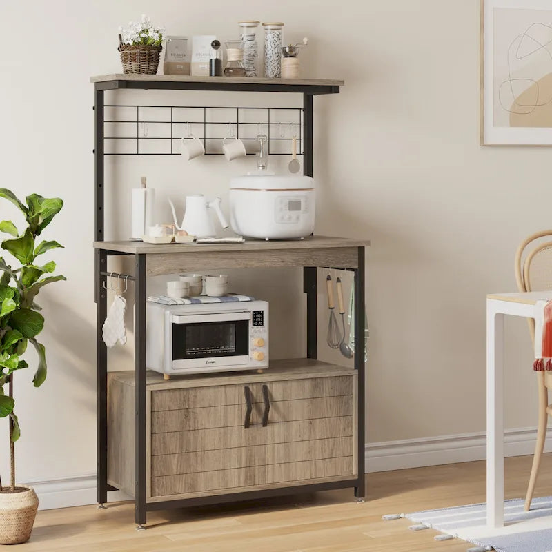 Support pour micro-ondes de 31,5 cm avec armoire de rangement et étagères de cuisine réglables en hauteur.