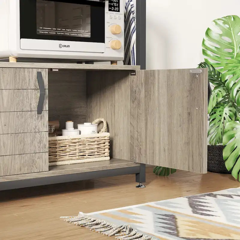 Support pour micro-ondes de 31,5 cm avec armoire de rangement et étagères de cuisine réglables en hauteur.