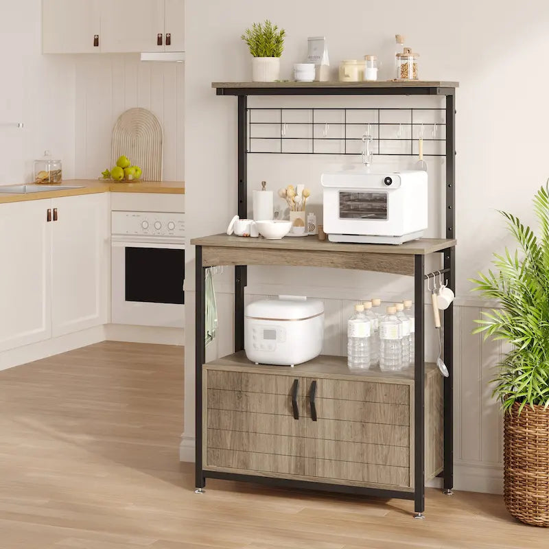 Support pour micro-ondes de 31,5 cm avec armoire de rangement et étagères de cuisine réglables en hauteur.