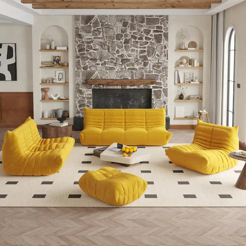 Fauteuil de cheminée, canapé une place, pouf en tissu Teddy