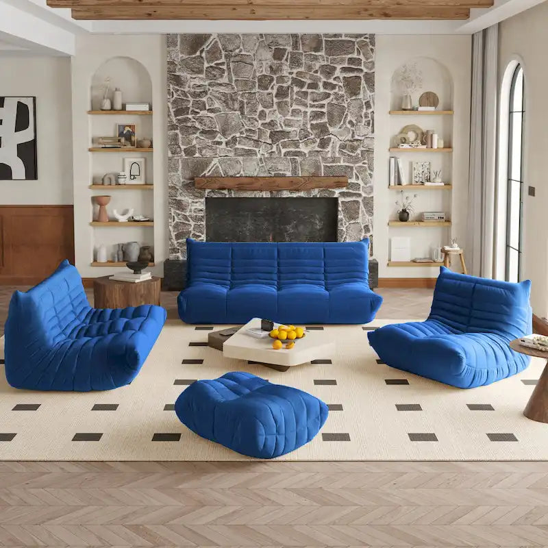 Fauteuil de cheminée, canapé une place, pouf en tissu Teddy