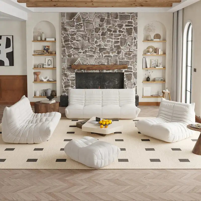 Fauteuil de cheminée, canapé une place, pouf en tissu Teddy