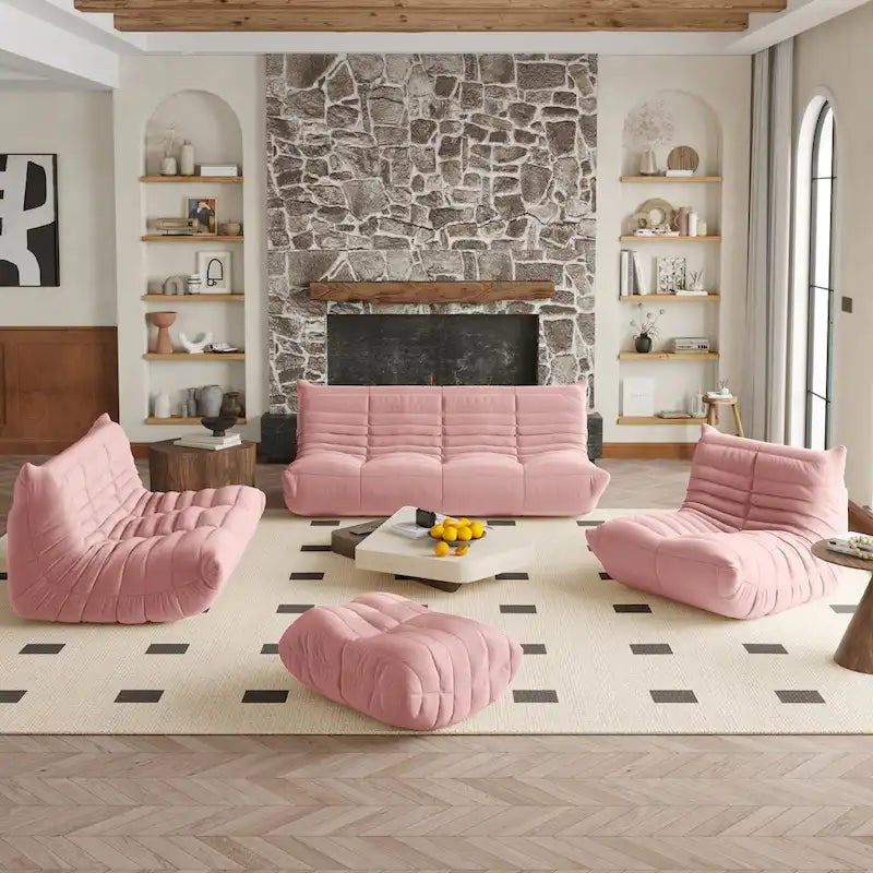 Fauteuil de cheminée, canapé une place, pouf en tissu Teddy