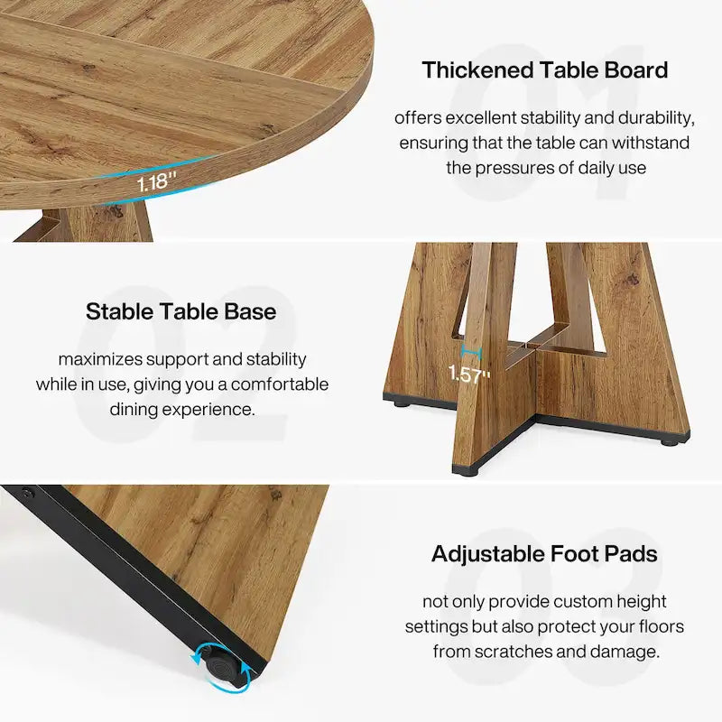 Table de salle à manger ronde pour 4 personnes, table de cuisine de style campagnard de 120 cm, petite table à manger en bois pour salle à manger ou salon