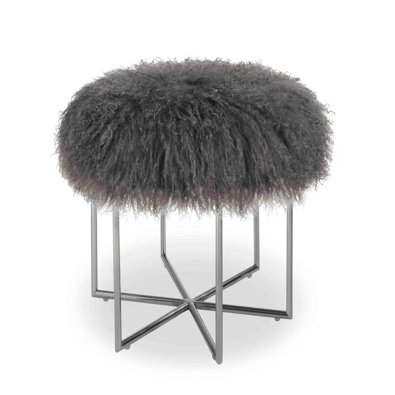 Pouf Bailey en peau de mouton véritable mongole et acier inoxydable