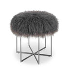 Pouf Bailey en peau de mouton véritable mongole et acier inoxydable