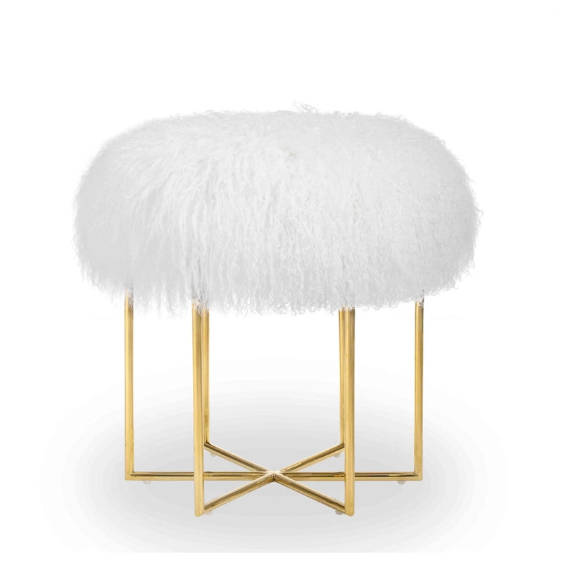 Pouf Bailey en peau de mouton véritable mongole et acier inoxydable