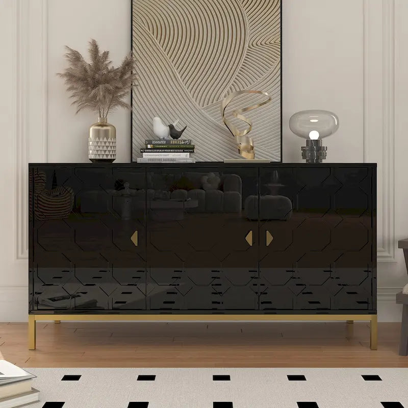 Buffet d'appoint Clihome à 3 portes, finition brillante, avec rangement multimédia.