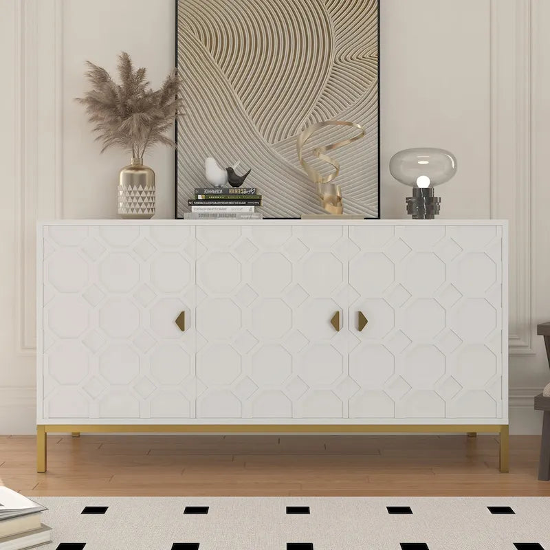 Buffet d'appoint Clihome à 3 portes, finition brillante, avec rangement multimédia.