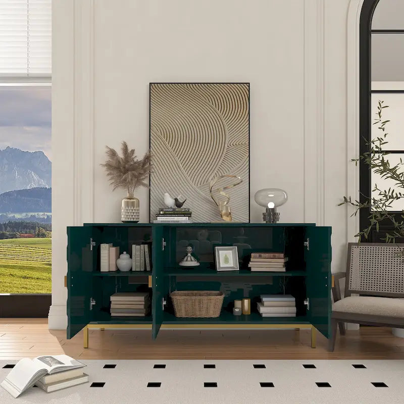 Buffet d'appoint Clihome à 3 portes, finition brillante, avec rangement multimédia.