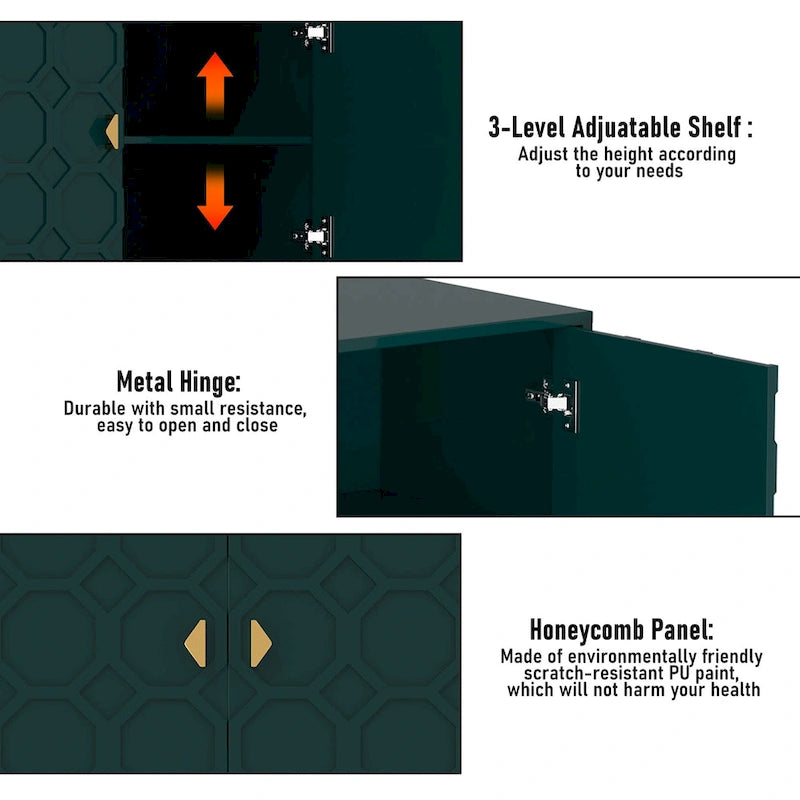 Buffet d'appoint Clihome à 3 portes, finition brillante, avec rangement multimédia.