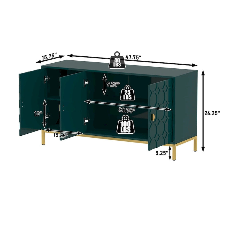 Buffet d'appoint Clihome à 3 portes, finition brillante, avec rangement multimédia.