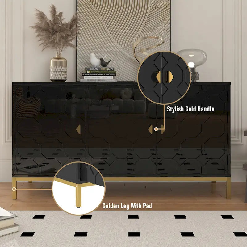 Buffet d'appoint Clihome à 3 portes, finition brillante, avec rangement multimédia.