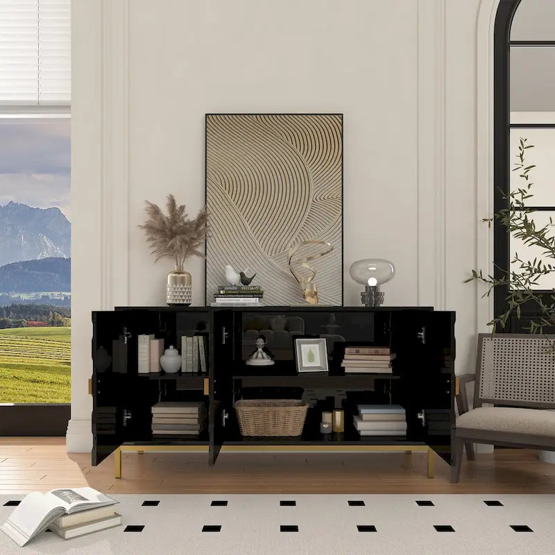 Buffet d'appoint Clihome à 3 portes, finition brillante, avec rangement multimédia.