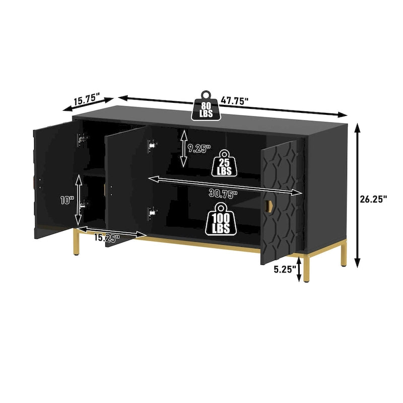 Buffet d'appoint Clihome à 3 portes, finition brillante, avec rangement multimédia.