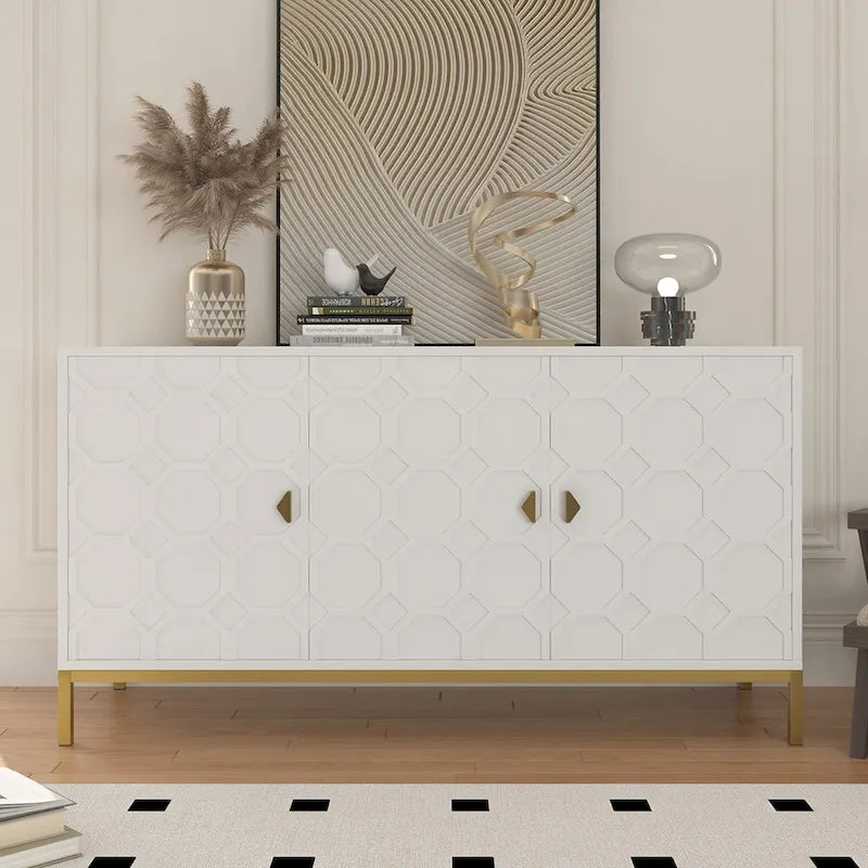 Buffet d'appoint Clihome à 3 portes, finition brillante, avec rangement multimédia.