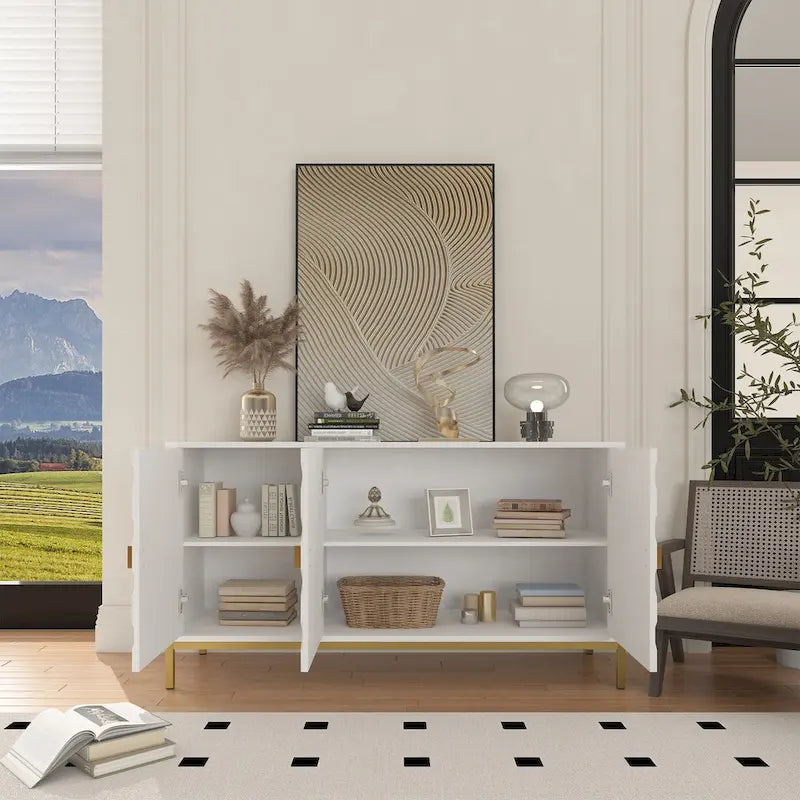 Buffet d'appoint Clihome à 3 portes, finition brillante, avec rangement multimédia.