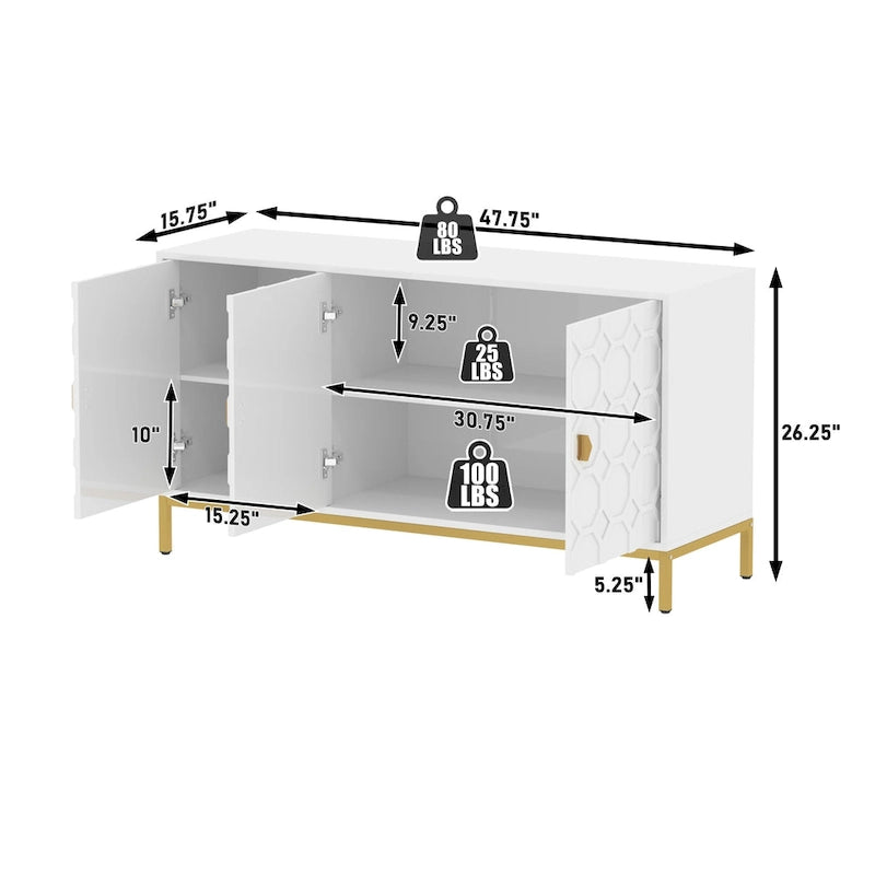 Buffet d'appoint Clihome à 3 portes, finition brillante, avec rangement multimédia.