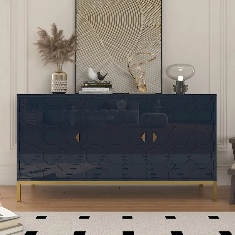 Buffet d'appoint Clihome à 3 portes, finition brillante, avec rangement multimédia.