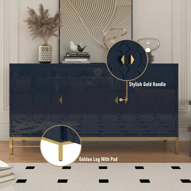 Buffet d'appoint Clihome à 3 portes, finition brillante, avec rangement multimédia.