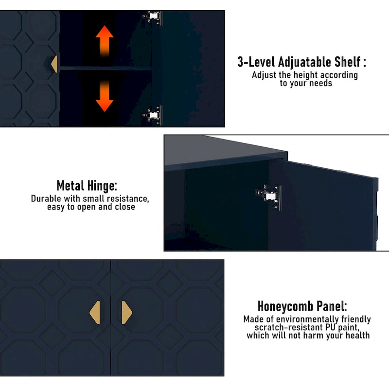 Buffet d'appoint Clihome à 3 portes, finition brillante, avec rangement multimédia.