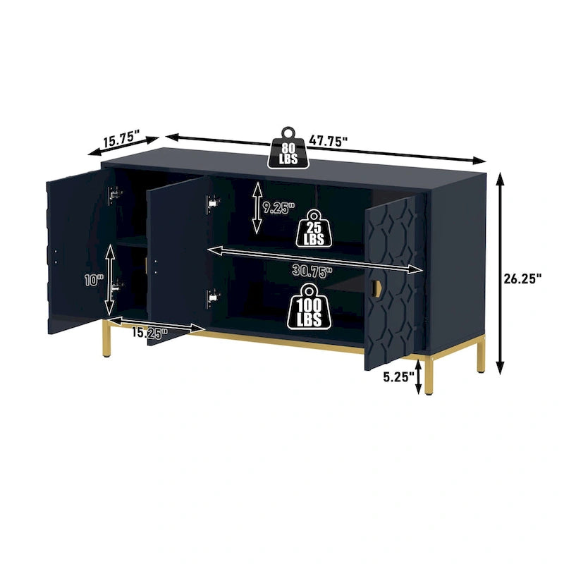 Buffet d'appoint Clihome à 3 portes, finition brillante, avec rangement multimédia.