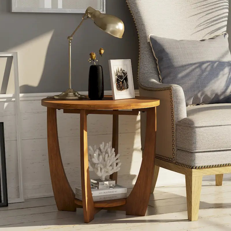 Table d'appoint rustique COZAYH avec étagère de rangement, style campagne française, ronde