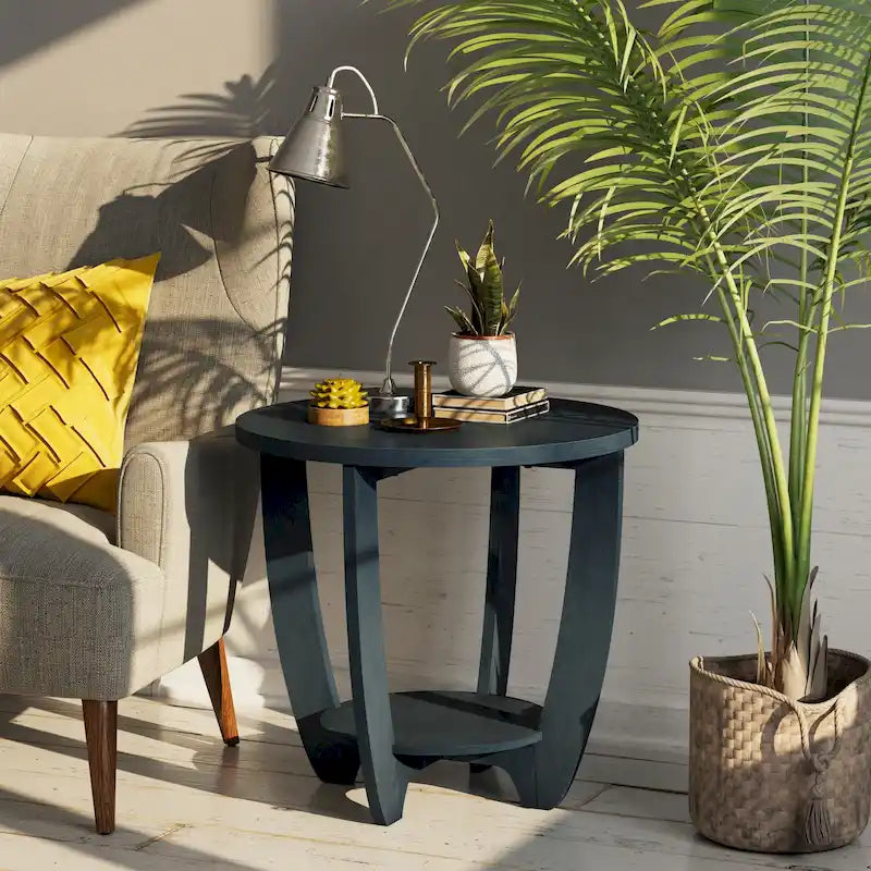 Table d'appoint rustique COZAYH avec étagère de rangement, style campagne française, ronde