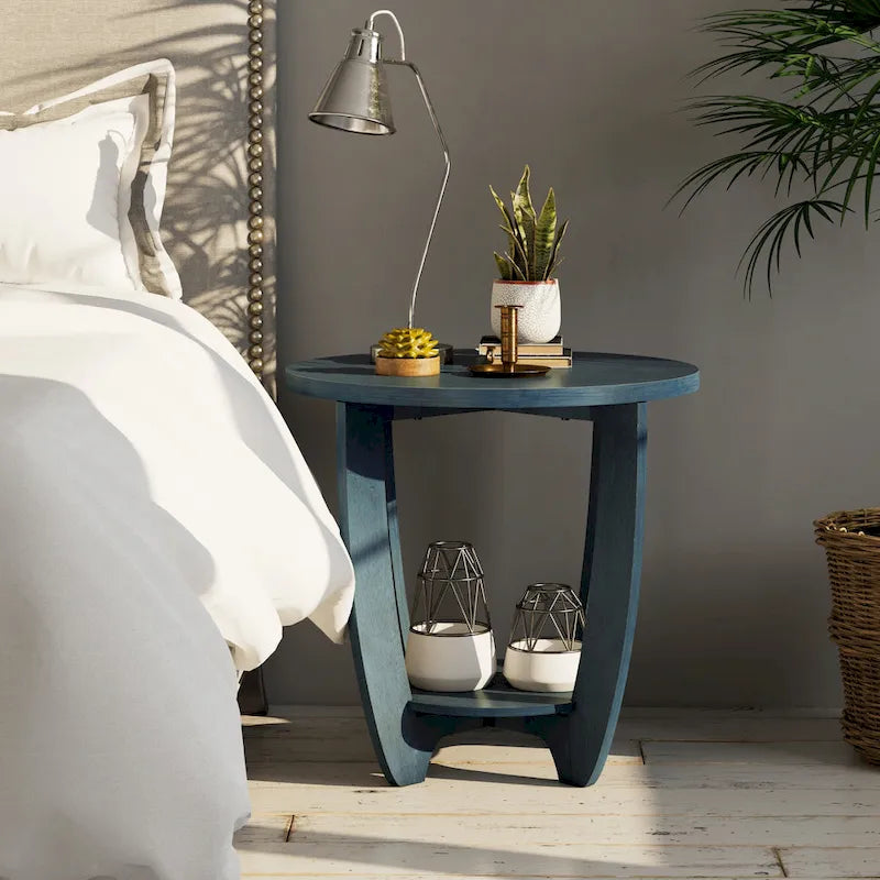 Table d'appoint rustique COZAYH avec étagère de rangement, style campagne française, ronde