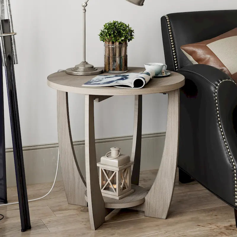 Table d'appoint rustique COZAYH avec étagère de rangement, style campagne française, ronde