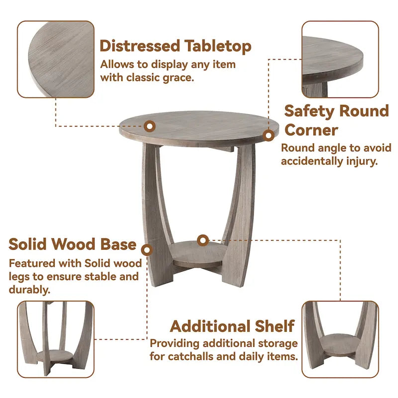 Table d'appoint rustique COZAYH avec étagère de rangement, style campagne française, ronde