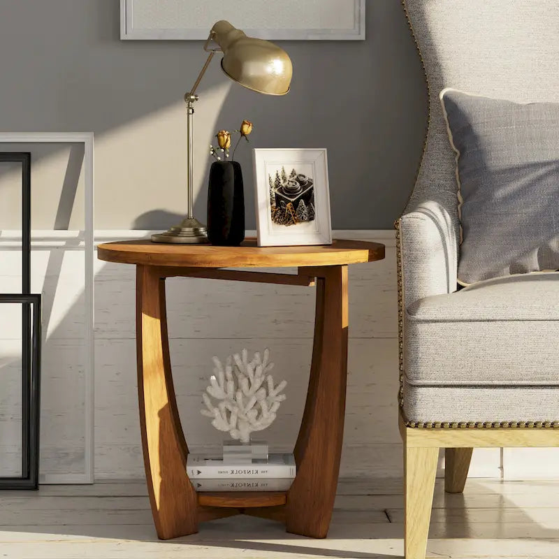 Table d'appoint rustique COZAYH avec étagère de rangement, style campagne française, ronde