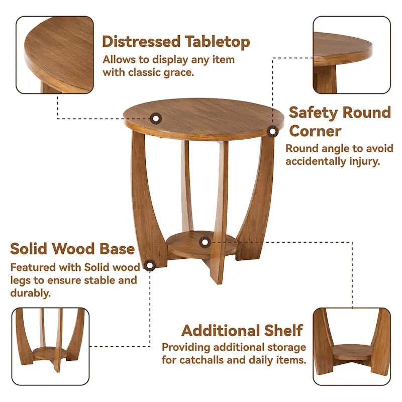 Table d'appoint rustique COZAYH avec étagère de rangement, style campagne française, ronde