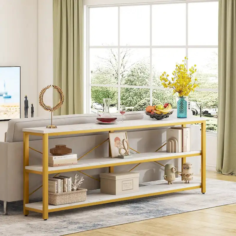 Table console extra longue et étroite de 70,8 cm, table d'appoint pour canapé ou entrée, avec 3 étagères de rangement