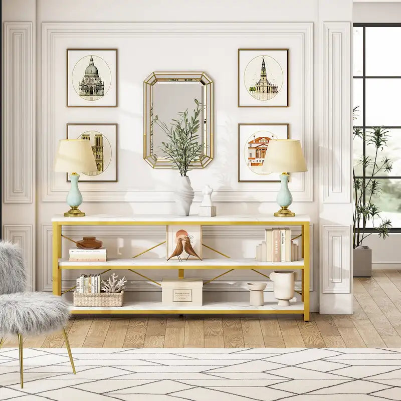 Table console extra longue et étroite de 70,8 cm, table d'appoint pour canapé ou entrée, avec 3 étagères de rangement