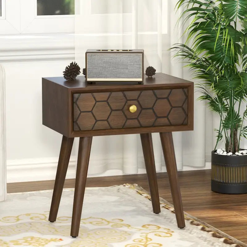 Table d'appoint cosy style milieu du siècle, à 4 pieds et tiroirs, motif nid d'abeille