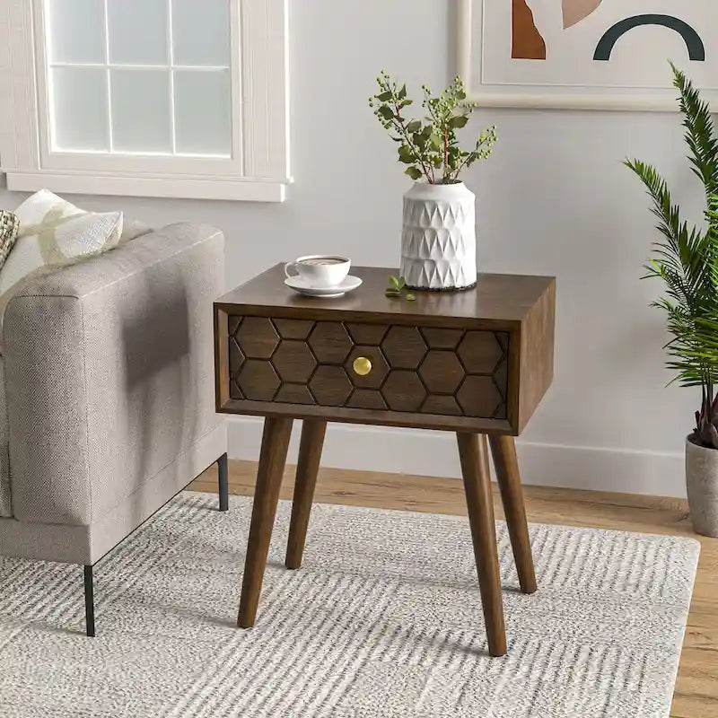 COSIEST Mid-Century Honeycomb 4 Legs End Table with Drawers